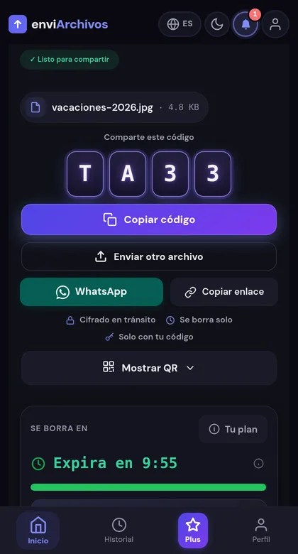 Four-letter code and QR button ready to share once a file has been uploaded