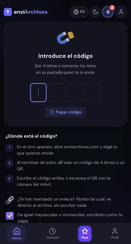 Pantalla de recibir, con cuatro casillas para escribir el código que viene del otro dispositivo