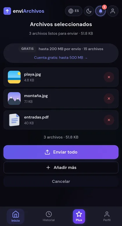 List of three selected files with their sizes and the transfer total, before uploading