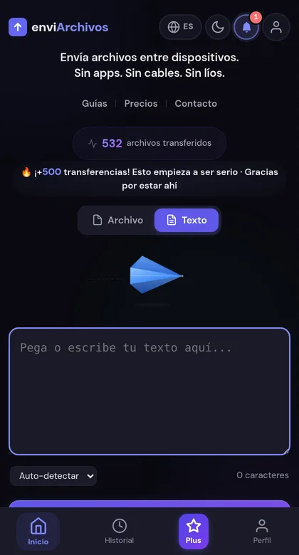 Modo texto de enviArchivos, con el cuadro para pegar o escribir lo que se quiere mandar